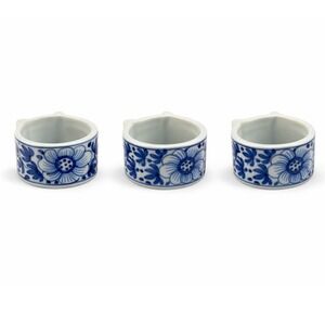 Vintage Blue White Ceramic Cat Head Napkin Rings Set of 3 Floral Chinoiserie